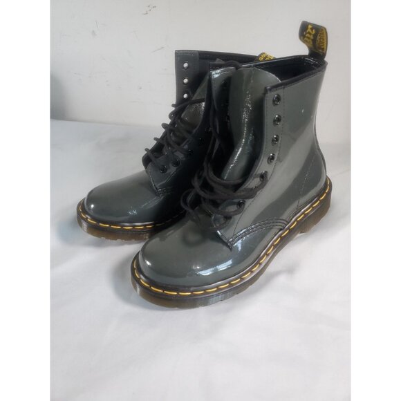 Dr Martens Boots Youth Size 6 Gray Patent Leather Doc Air Walk Lace Up 1460 W - Picture 16 of 16